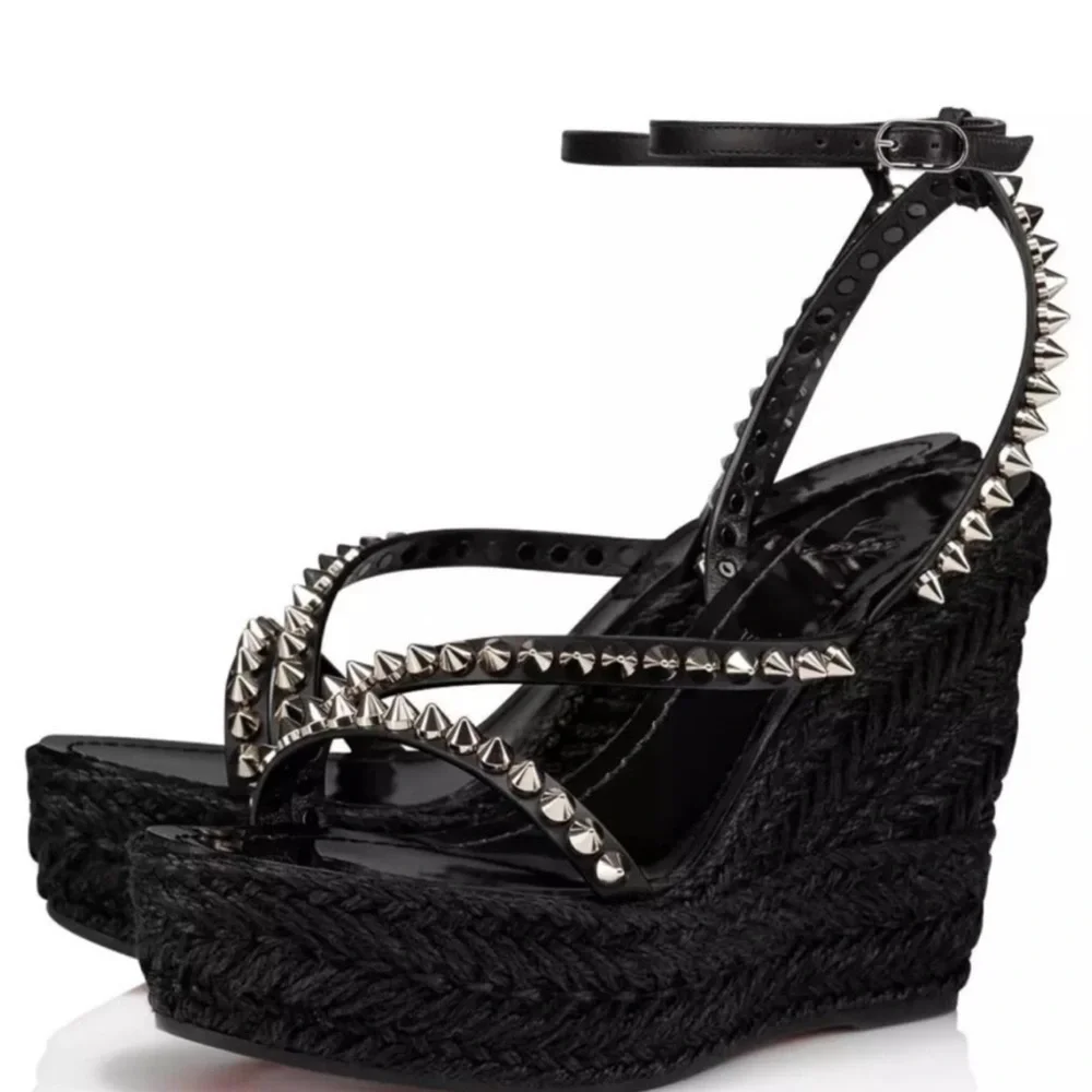 Christian Louboutin Mafaldina Zeppa 120 Black Spiked Wedge Sandals 38 NEW $895 - Picture 2 of 13